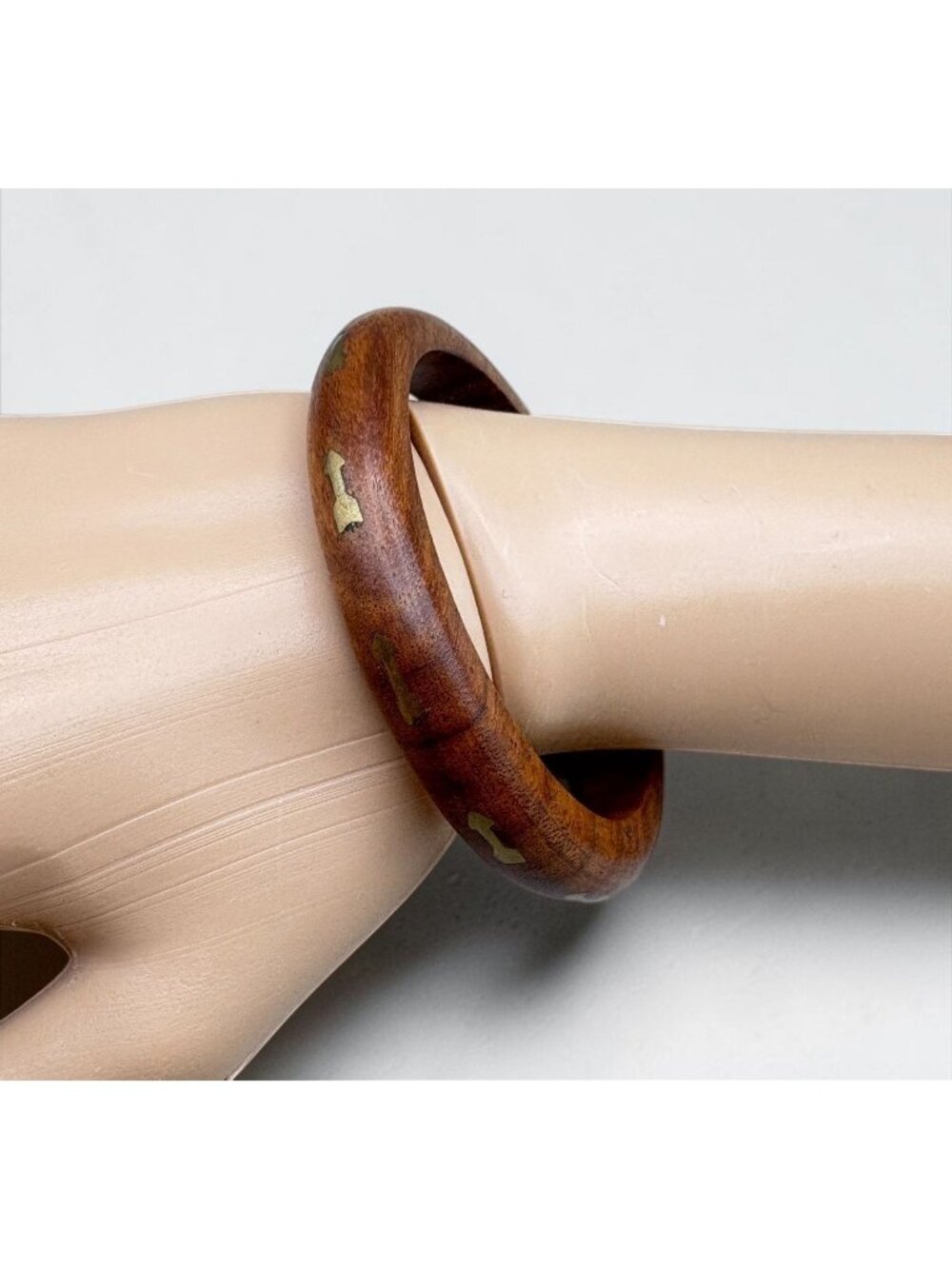 Vintage Wooden Bangle Bracelet with Brass Inlay Arrows Retro Chunky Boho